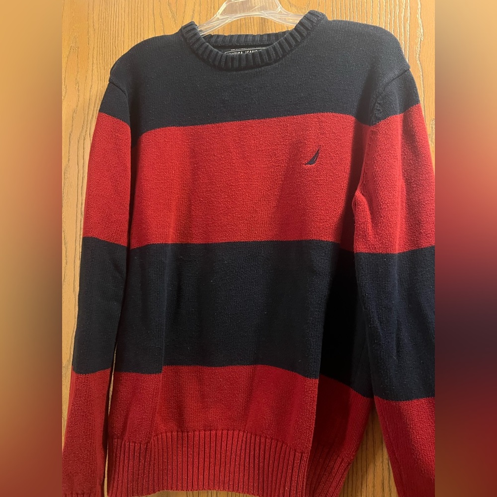 NAUTICA Men’s Large Red and Blue Striped Crew Neck Sweater